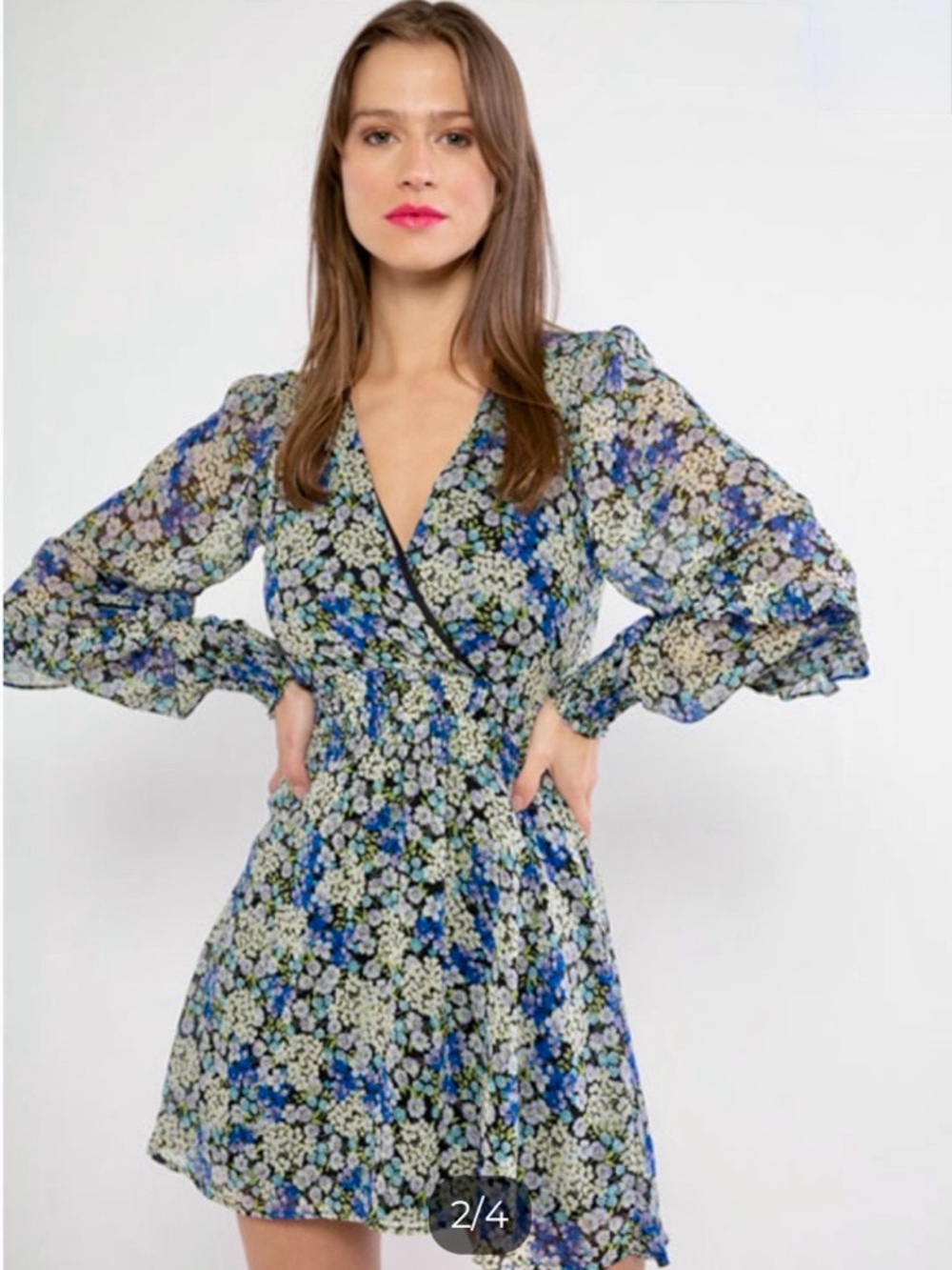 Stradivarius Blue and White Floral Long Sleeve Dress